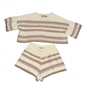 Bad Little Country Girl Sweater Top & Shorts Set Beige Stripes Ladies Medium